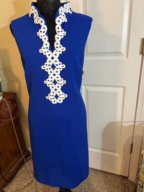 Sleeveless Cobalt Blue Midi Dress with White Braided Trim